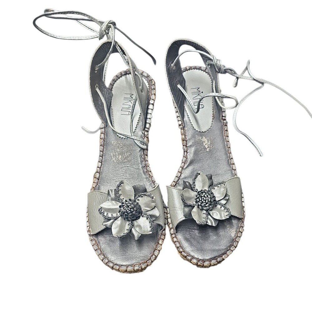 Mikala Silver Wedge Sandals‎ Flower Ankle Tie Espadrille Brazil Shoes Size 8